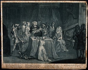 view A clergyman conducting a chaotic christening. Colour mezzotint by J. Sympson, 173-, after W. Hogarth.