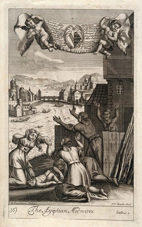 Hebrew midwives refusing to kill male babies after being ordered to do so by the Pharoah of Egypt. Engraving by P.P. Bouché after G. Freeman, ca. 1694.