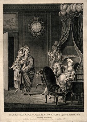 A male-midwife suggestively examines an attractive pregnant woman, her disgruntled husband is led out of the room by a servant. Line engraving, 1773.