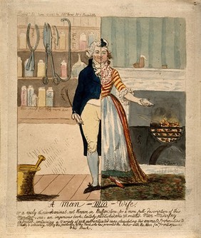 A "man-midwife" (male obstetrician) represented by a figure divided in half, one half representing a man and the other a woman. Coloured etching by I. Cruikshank, 1793.