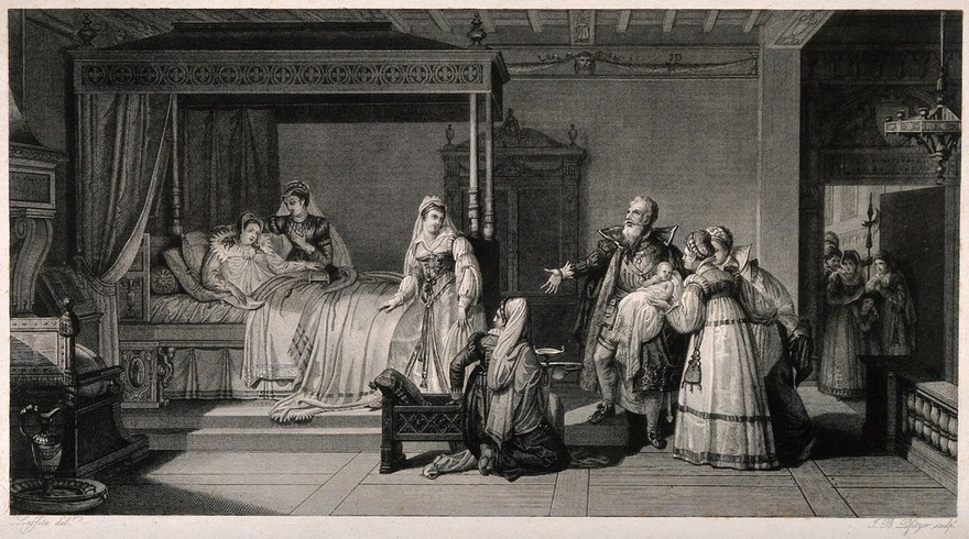 The birth of Henri of Navarre (Henry IV King of France). Line engraving by J.B. Pfitzer after L. Lafitte.