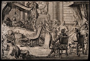 view A midwife presenting a new born royal (?) baby to its father and to the royal court. Etching.