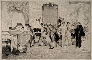 view A Spanish nobleman congratulating his wife on the birth of a child, the court are also in attendance. Etching by A. Lataurze(?) after F. Gonzalez Tavé.