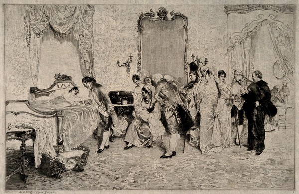 A Spanish nobleman congratulating his wife on the birth of a child, the court are also in attendance. Etching by A. Lataurze(?) after F. Gonzalez Tavé.