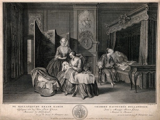 A wealthy dutch man comforting his wife after giving birth, the child is being fed by a midwife. Engraving by P. Tanje, 1757, after C. Troost.