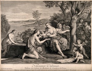 view Myrrha, being transformed into the myrrh tree, gives birth to Adonis. Engraving by L. Desplaces, 1736, after C. Cignani.