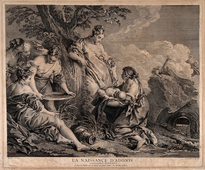 Nymphs holding the new born Adonis next to a myrrh tree representing Myrrha his mother amidst great rural splendor. Engraving by G. Scotin after F. Boucher.