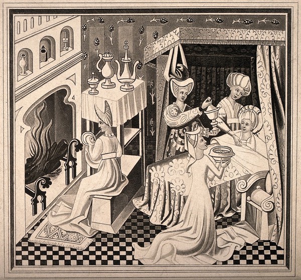 The birth of Saint Edmund, he is being nursed by a midwife while his mother rests in bed and is aided by assistants, 1433. Aquatint by H. Shaw, 1843.