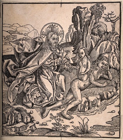 God creating Eve out of Adam and blessing her as she emerges into the splendors of Eden. Wood engraving.