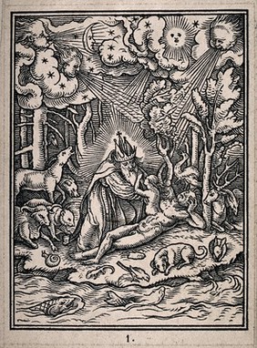 God creating Eve out of Adam amidst all the wonders of Eden. Woodcut.