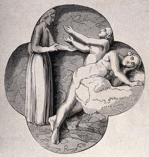 view God (looking female ?) creating Eve from Adam. Wood engraving.