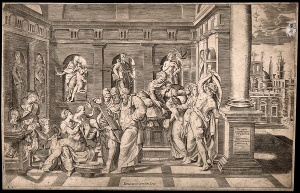 John the Baptist receiving his first bath, Elizabeth is recovering in bed while Zacharias is recording the child's name. Line engraving, c. 1700, after G. Bonasone after G. Pontormo.