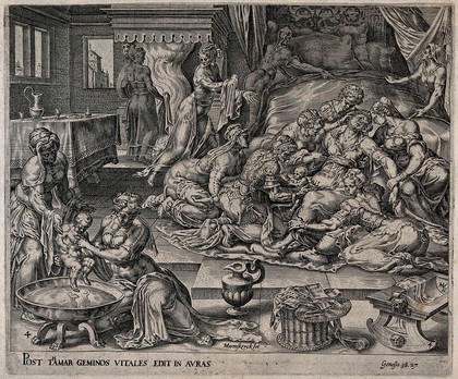 Tamar giving birth to Pharez and Zarah aided by a midwife and many assistants. Engraving by H. Muller after M. van Heemskerck.