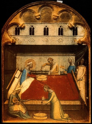 The birth of the Virgin Mary, her mother Anne washes her hands before being given food and drink by attendants. Photolithograph after a painting by B. Daddi.