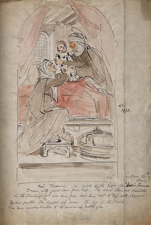 The birth of the Virgin Mary, the midwife hands the baby Mary (in swaddling clothes) to her mother Anne. Coloured pen drawing after a painting by B. Vivarini, 1473.