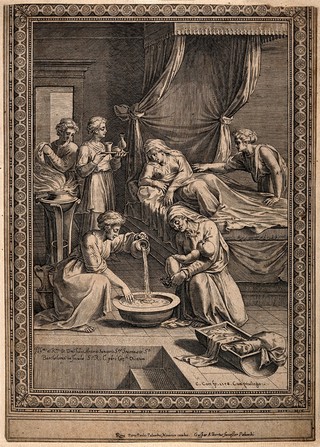 The birth of the Virgin Mary, Anna is being attended upon while Mary receives her first bath. Line engraving by C. Cort, 1578, after G. Penni.