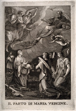 view The birth of Jesus Christ, the Virgin Mary presents him to God and the angels. Engraving.