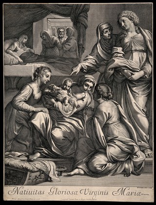 The birth of the Virgin Mary, Anna rests in bed while the child is looked at in wonder. Line engraving by R. van Audenaerd after A. Carracci.