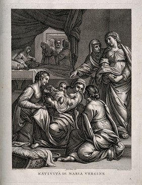 The birth of the Virgin Mary, Anna rests in bed while Mary is looked at in wonderment. Engraving by B. Eredi after G. Perraccini after A. Carracci.