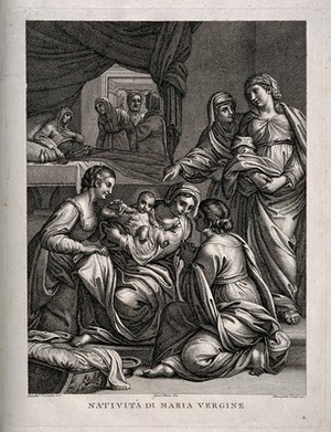 view The birth of the Virgin Mary, Anna rests in bed while Mary is looked at in wonderment. Engraving by B. Eredi after G. Perraccini after A. Carracci.