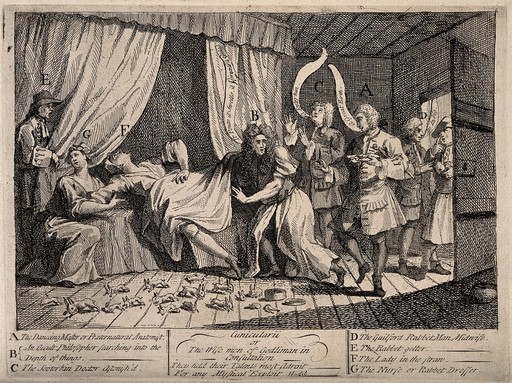 Mary Toft (Tofts) appearing to give birth to rabbits in the