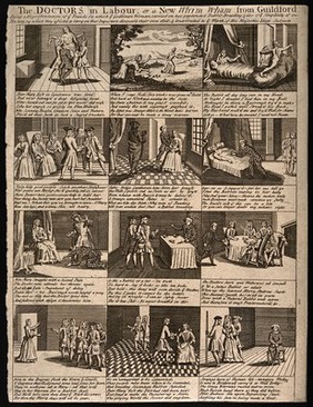 Mary Toft (Tofts), who duped several doctors into believing she had given birth to a litter of rabbits: twelve episodes. Etching.