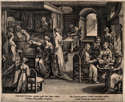 John the Baptist receiving his first bath, Elizabeth is recovering in bed while Zacharias is recording the childs name. Engraving after J. van der Straet.