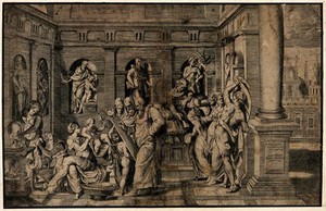 view John the Baptist receiving his first bath, Elizabeth is recovering in bed while Zacharias is recording the childs name. Line engraving, c. 1700, after G. Bonasone after G. Pontormo.