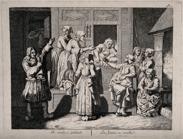 A Breton woman relaxing in a cupboard-bed after giving birth, she is surrounded by a group of Breton women and her husband. Etching.