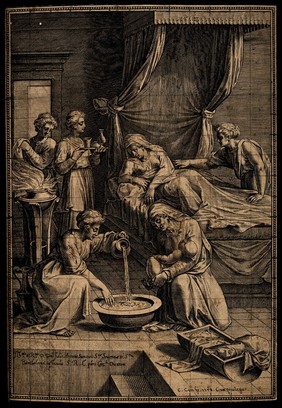 The birth of the Virgin Mary, Anna is being attended upon while Mary receives her first bath. Line engraving by C. Cort, 1578, after G. Penni.