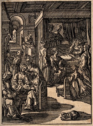 John the Baptist receiving his first bath, Elizabeth is recovering in bed while Zacharias is recording the childs name. Woodcut.