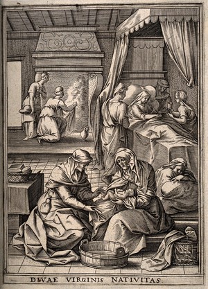 view A midwife giving the Virgin Mary her first bath while Anna is recovering in bed. Line engraving by H. Wierix.