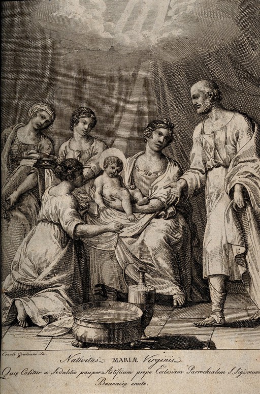 The birth of the Virgin Mary, she is seated on Anna's knee and surrounded by Joachim and adoring attendants. Engraving after E. Grazini the younger.