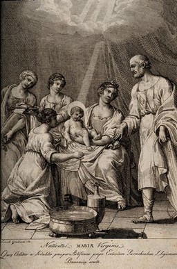 The birth of the Virgin Mary, she is seated on Anna's knee and surrounded by Joachim and adoring attendants. Engraving after E. Grazini the younger.