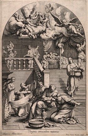 A midwife gives the Virgin Mary her first bath, Joachim looks and exclaims to the heavens where angels are celebrating her birth. Engraving by P.S. Bartoli after F. Albani.