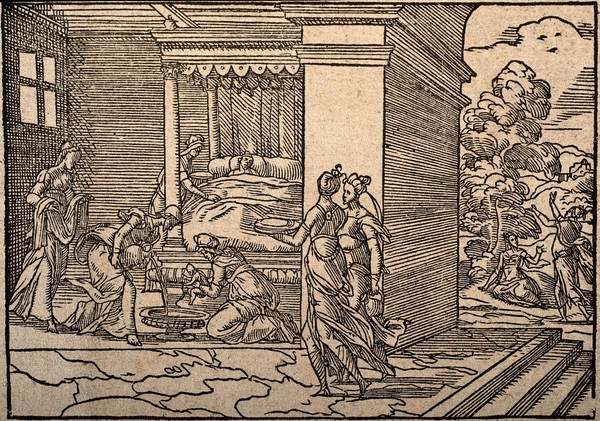 A new-born baby about to receive its first bath. Wood engraving.