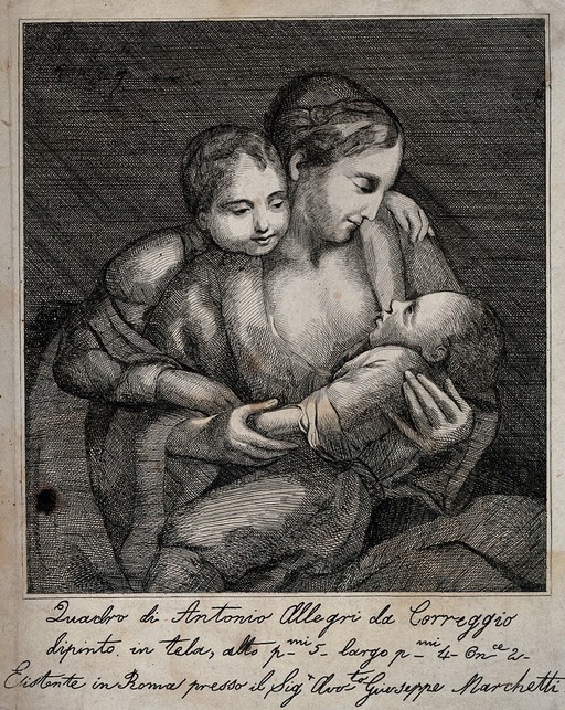 An older child looking lovingly over her mother's shoulder as she breast feeds an infant. Etching after A. Correggio.