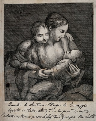 An older child looking lovingly over her mother's shoulder as she breast feeds an infant. Etching after A. Correggio.