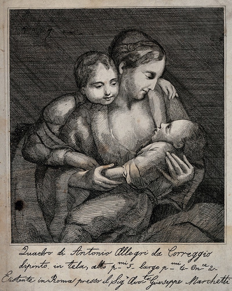 An older child looking lovingly over her mother's shoulder as she breast feeds an infant. Etching after A. Correggio., by Antonio da Correggio