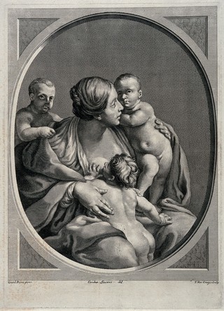 A woman holding three children one of whom is breast-feeding from her; representing charity. Line engraving by T. Verkruis after C. Sacconi after G. Reni.