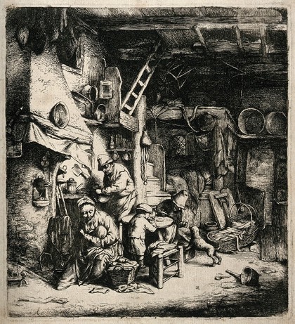A woman breast-feeding her child among her family. Etching after A. van Ostade, 1641.