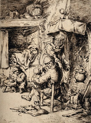 A father feeding his infant whilst the mother attends to domestic jobs and a small child plays with its food. Pen drawing after A. van Ostade, 1648.
