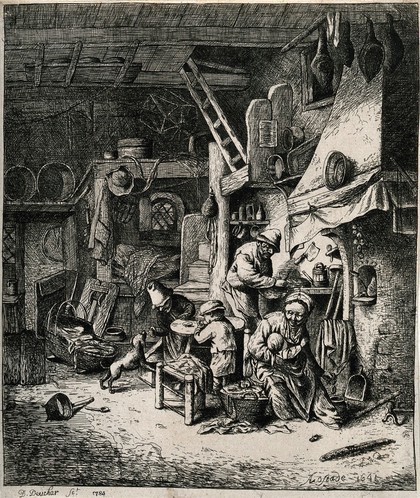 A woman breastfeeding her child among her family. Etching by D. Deuchar, 1784, after A. van Ostade, 1641.