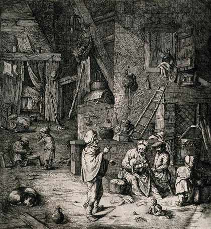 A woman breastfeeding her child among her busy family. Etching by D. Deuchar, 1786, after A. van Ostade.