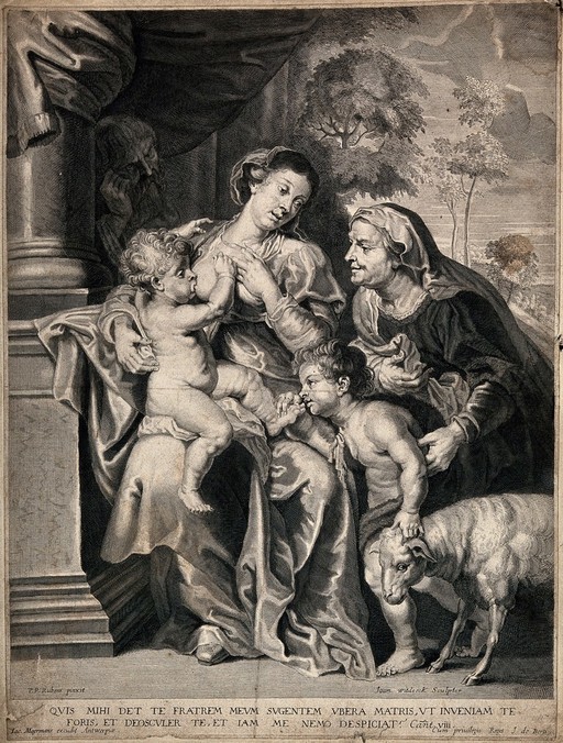 The Virgin Mary breast feeding Christ whilst John the Baptist and Saint Elizabeth gaze at him in wonder. Engraving by J. Witdoeck after P.P. Rubens.