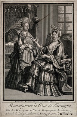 The son of the Duke of Burgundy about to be breast fed by his mother Mary Adelaide of Savoy, 1707. Engraving.