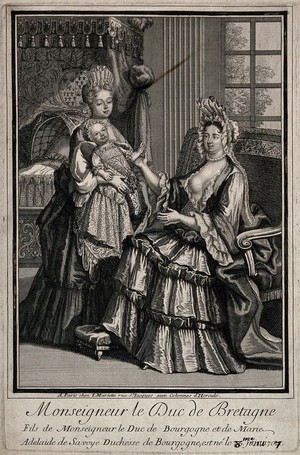 view The son of the Duke of Burgundy about to be breast fed by his mother Mary Adelaide of Savoy, 1707. Engraving.