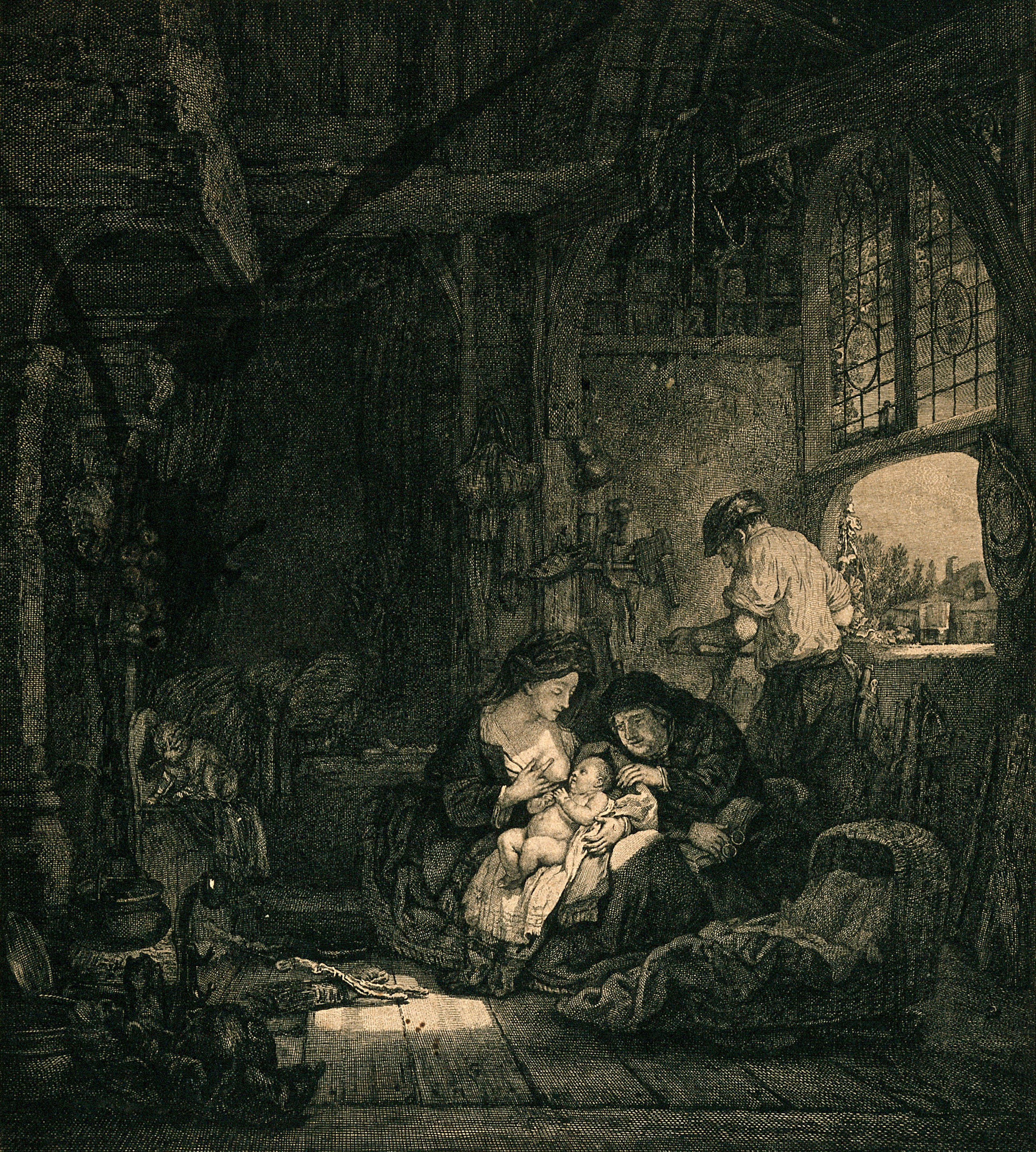 A woman breast feeding her baby in the family's home and workshop; perhaps a comparison to the Holy Family. Engraving by J. Le Bas and P. Martini, 1772, after Rembrandt van Rijn, 1640.