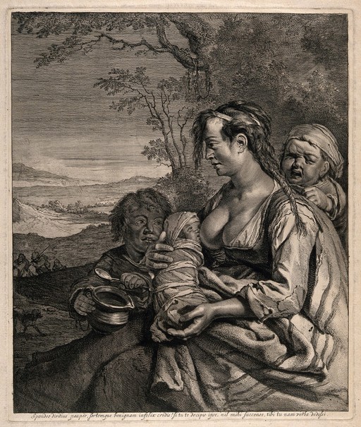 A woman breast feeding her baby and looking after two small children in a rural setting. Engraving.