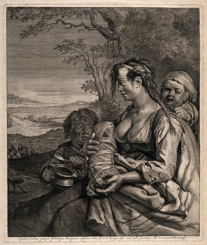 A woman breastfeeding her baby and looking after two small children in a rural setting. Engraving.